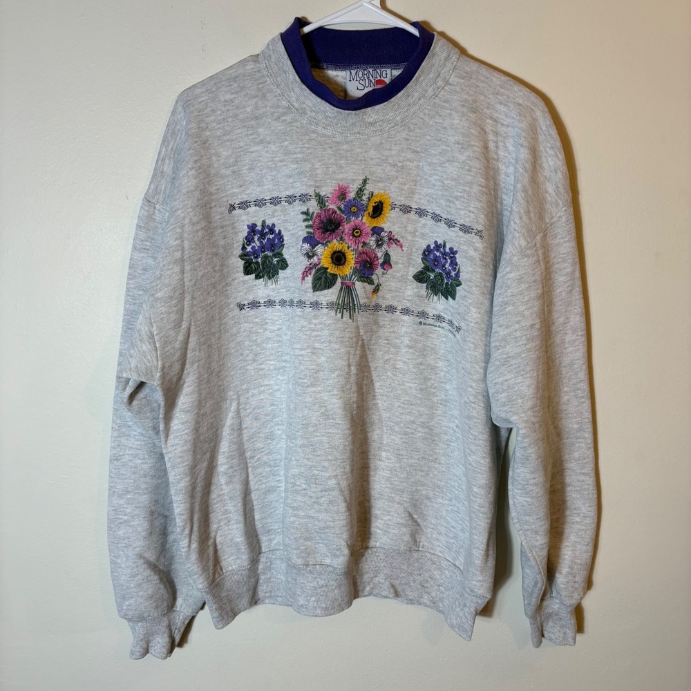 Morning Sun Jerzees‎ Vintage Floral Embroidered Mock Neck Sweatshirt Size Large